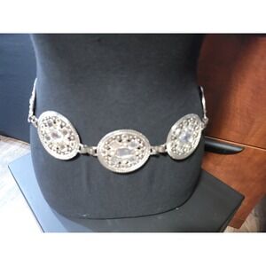 Silver Metal Daisy Chain Y2K western Belt Filigree Oval Medallions Rhinestone